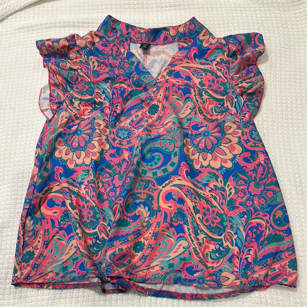 SHEIN Paisley Pink and Blue Blouse with Ruffled Sleeves